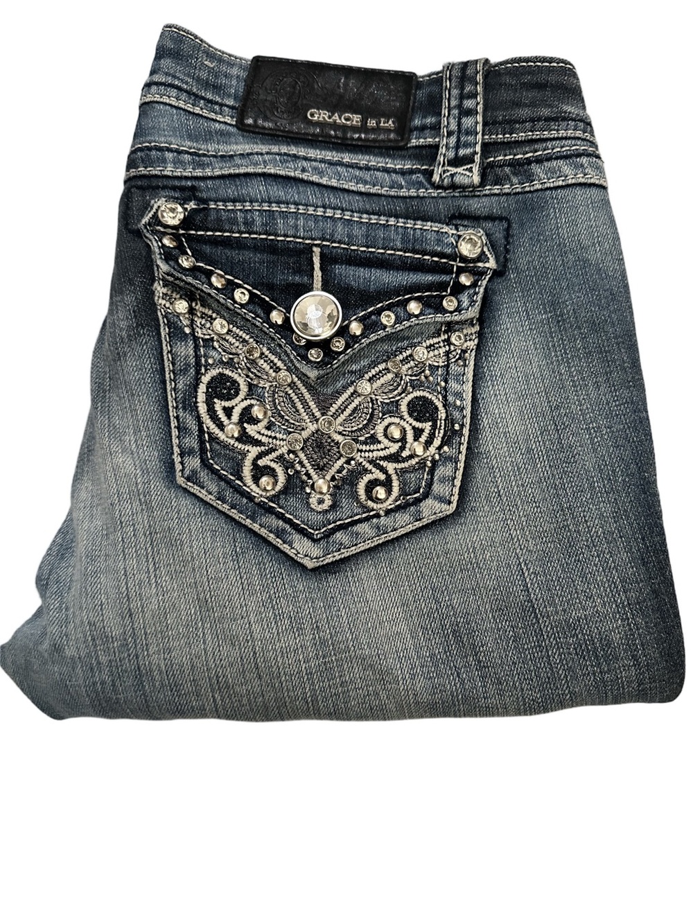 Grace in LA Women's Embellished Pockets Boot Cut Jeans Faded Blue Denim Size 28
